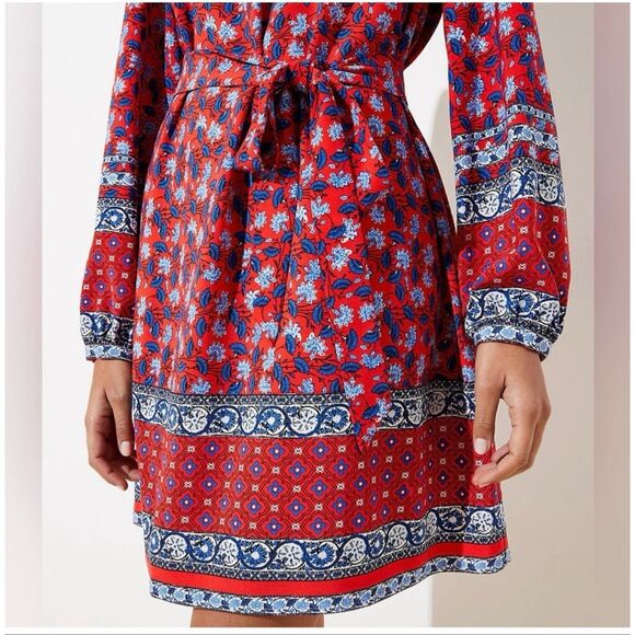 LOFT Women’s Large Border Floral Tie Waist Dress Red Stretch Boho NEW - Picture 2 of 10